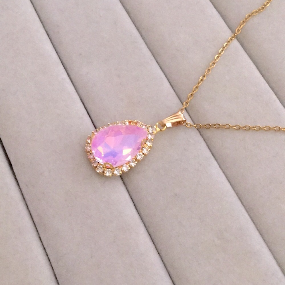 Lavender Pink Opal Aurora Borealis +Gold Crystal Halo Pear Drop Pendant Necklace - Picture 4 of 8